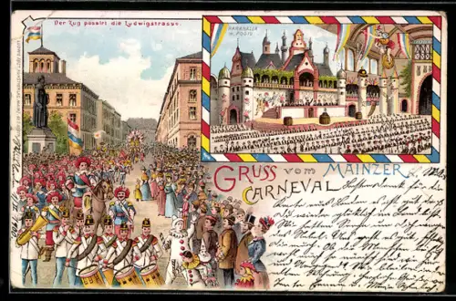 Lithographie Mainz, Faschingszug passiert die Ludwigstrasse, Narhalla m. Podium