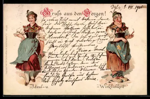 Lithographie Frau in Tracht mit Kropf, Gegenüberstellung von Ideal und Wirklichkeit