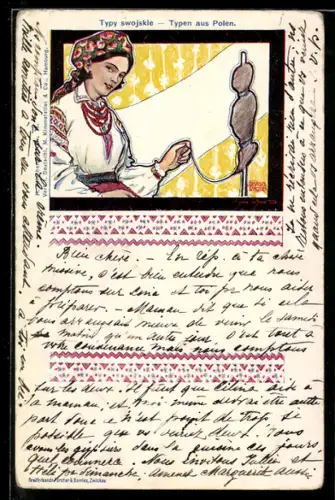 Künstler-AK sign. Wilhelm Wachtel: Polnische Frau beim Spinnen, Jugendstil