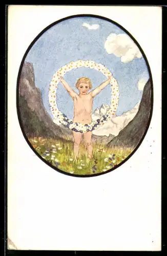 Künstler-AK Bad Reichenhall, Margareten- und Kornblumentag 1911, nackter Bube mit Blumenkranz