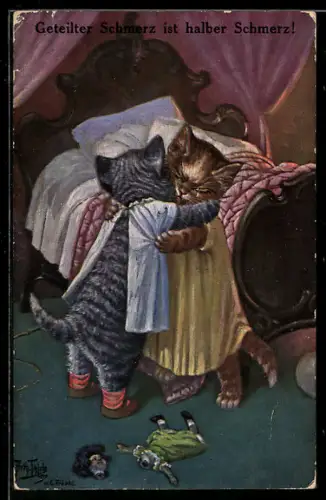 Künstler-AK Arthur Thiele: Kater tröstet Katze wegen zerbrochener Puppe