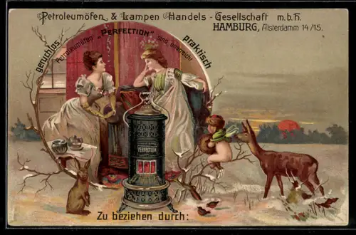 Lithographie Hamburg, Reklame für Petroleumöfen und Lampen, Alsterdamm 14 und 15, Elegante Damen