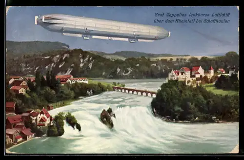 AK Schaffhausen, Zeppelin über dem Rheinfall, Wasserfall