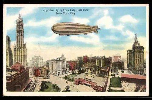 AK New York, NY, Zeppelin flying Over City Hall Park