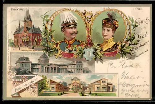 Lithographie Bad Oeynhausen, Kaisermanöver 1898, Farne Villa, Thermalbadehaus, Solbad, Kaiser Wilhelm II.
