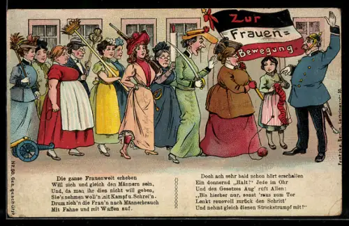 AK Polizist hält Frauen mit Fahne Zur Frauenbewegung an, Emanzipation, frauenfeindlicher Humor