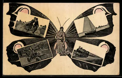 AK Frau mit Schmetterlingsflügeln in denen verschiedene Szenen abgebildet sind, darunter ein Paar beim Fahrradfahren