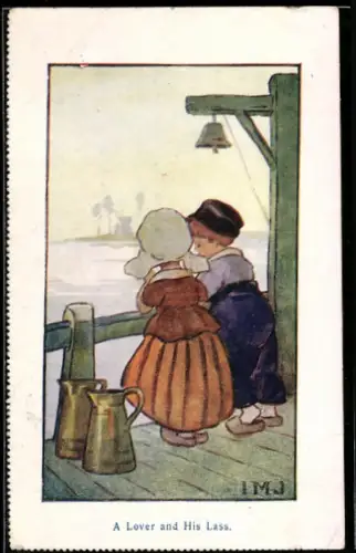 Künstler-AK I.M.J.: Zwei Kinder stehen am Wasser