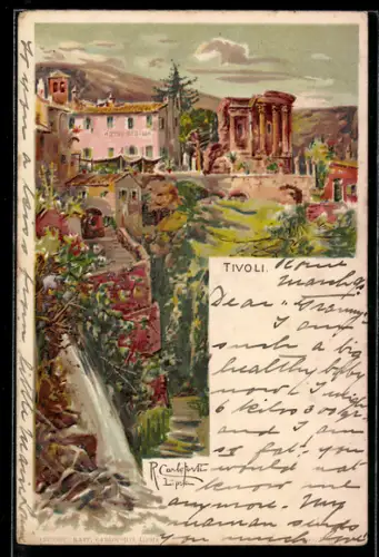Künstler-AK Raffaele Carloforti: Tivoli, Ortspartie mit Ruinen eines Säulenbaus