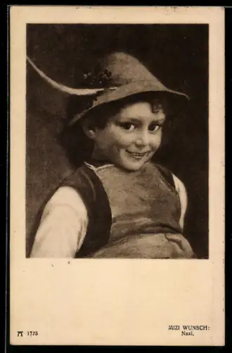 Künstler-AK sign. Mizi Wunsch: Junge mit Hut & Schürze