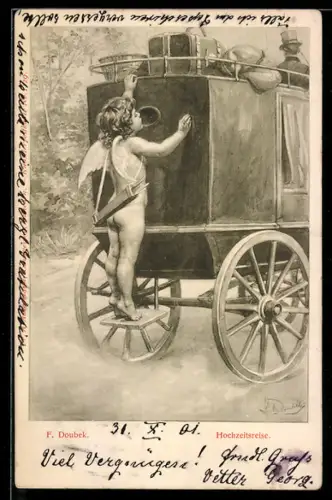 Künstler-AK F.Doubek: Hochzeitsreise, Amor an einer Kutsche