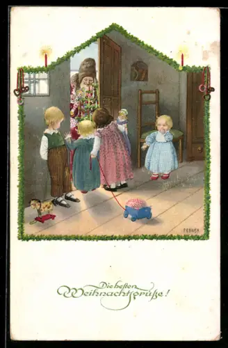 Künstler-AK Pauli Ebner: Weihnachtsmann mit Geschenken für die Kindern, Weihnachtsgruss