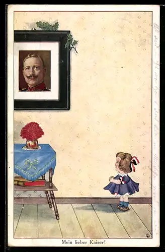 Künstler-AK Carl Diehl: Junges Mädchen mit Schleife in Reichsfarben bewundert ein Portrait Kaiser Wilhelms II.