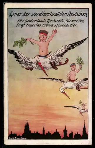 Künstler-AK Carl Diehl: Kleinkinder mit Soldatenmützen reiten auf Storchen über einen Ort