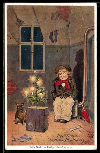 Künstler-AK Bert: Weihnachten, Mann sitzt auf einem Ofen und guckt auf seinen kleinen Tannenbaum