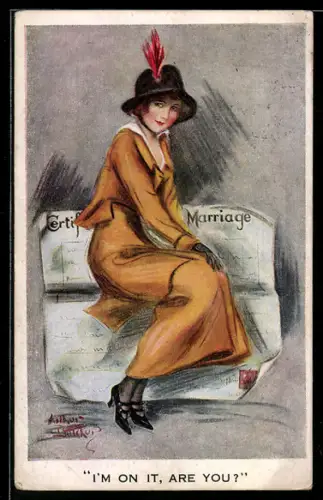 Künstler-AK Arthur Butcher: Hübsche Frau sitzt auf einer Hochzeitsurkunde