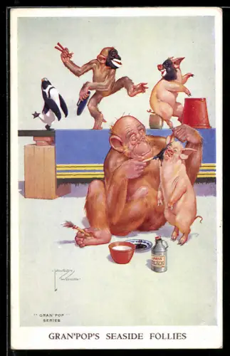 Künstler-AK Lawson Wood: Orang-Utan bemalt Schweine