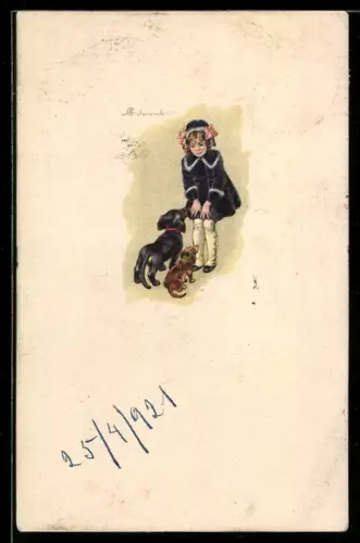 Künstler-AK E. Colombo: Mädchen steht vor zwei niedlichen Hunden