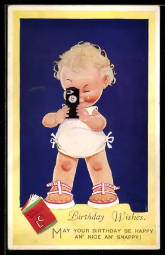 Künstler-AK Mabel Lucie Attwell: Kleinkind mit einem Fotoapparat