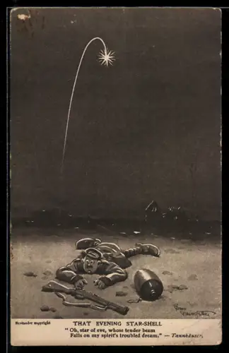 Künstler-AK Bruce Bairnsfather: britischer Soldat wirft sich auf dem Boden, The evening Star-Shell