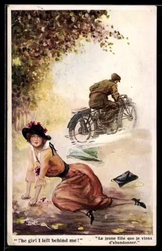 Künstler-AK Arthur Butcher: Motorradfahrer fährt vor einer schönen Frau davon