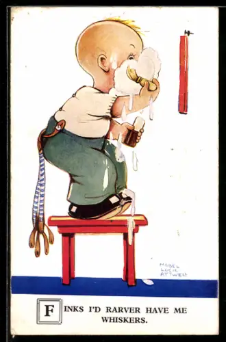 Künstler-AK Mabel Lucie Attwell: Kind steht beim Rasieren auf einem Stuhl