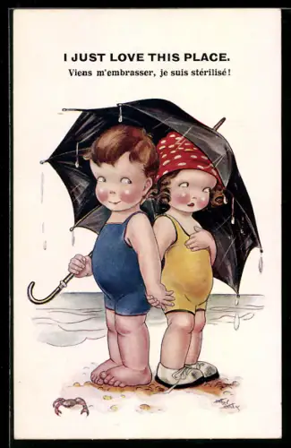 Künstler-AK Arthur Butcher: Zwei Kinder in Badeanzügen unter einem Regenschirm