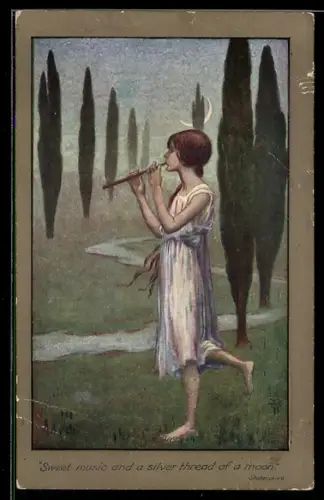 Künstler-AK S. Barham: Junge Frau spielt im Mondschein auf einer Flöte