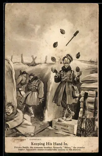 Künstler-AK Bruce Bairnsfather: Soldat jongliert im Schützengraben mit Granaten
