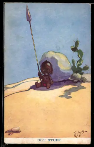 Künstler-AK T. Gilson: Kind mit grossem Speer sitzt hinter einem Stein im Schatten