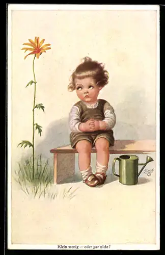 Künstler-AK Wally Fialkowska: Kleinkind mit Giesskanne auf einer Bank sitzend