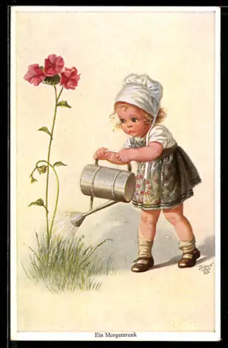 Künstler-AK Wally Fialkowska: Geburtstagsgruss, Mädchen giesst Pfingstrose