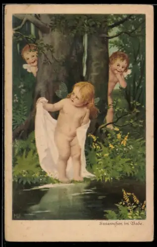 Künstler-AK Marie Flatscher (M.FL.): Susannchen badet im Waldsee