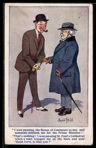 Künstler-AK Donald McGill: Zwei Herren mit Gehstöcken unterhalten sich