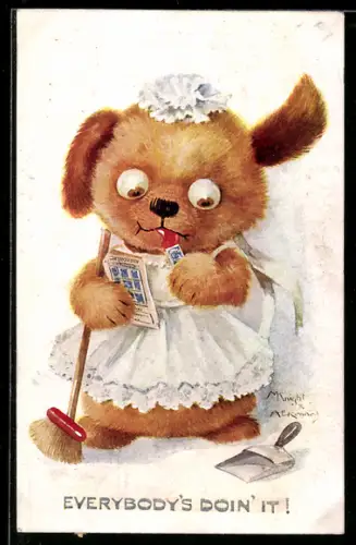 Künstler-AK A. E. Kennedy: Everybody`s Doin` It! Kleiner Hund mit Schürze und Besen & Briefmarken
