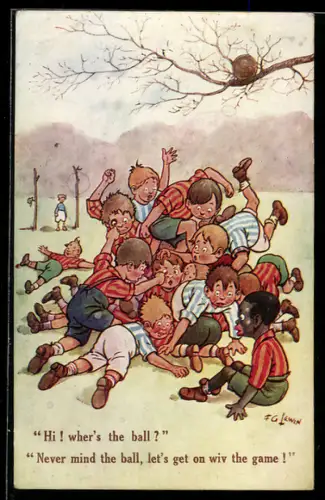 Künstler-AK Frederic G. Lewin: Zwei Fussballmannschaften bekämpfen einander und suchen den Ball