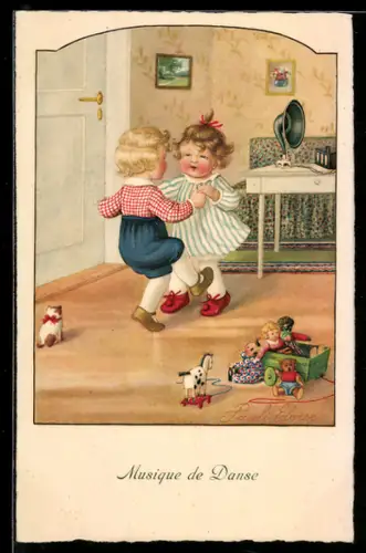 Künstler-AK Pauli Ebner: Junge und Mädchen tanzen im Kinderzimmer