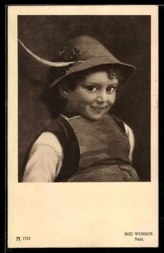 Künstler-AK sign. Mizi Wunsch: Junge mit Hut & Schürze