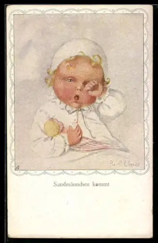 Künstler-AK Pauli Ebner: Verschlafenes Kleinkind mit einer Puppe im Arm