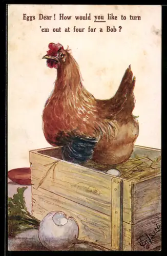 Künstler-AK T. Gilson: Henne legt ein Ei in eine Kiste