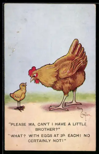 Künstler-AK Reg Carter: Please ma, can`t I have a little Brother?..., Hühner
