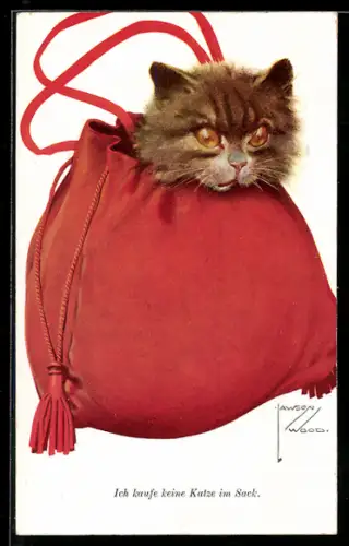 Künstler-AK Lawson Wood: Ich kaufe keine Katze im Sack, Kätzchen sitzt in roter Tasche