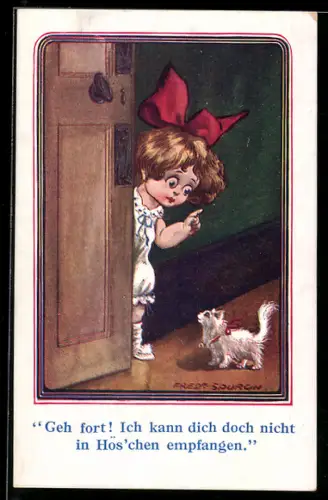 Künstler-AK Fred Spurgin: Kind steht mit erhobenem Zeigefinger vor einer Katze