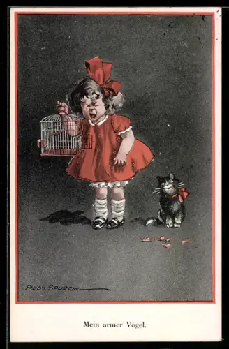 Künstler-AK Fred Spurgin: Not there, not there, my child, Katze hat den Vogel gefressen