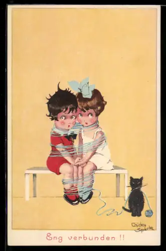 Künstler-AK Chicky Spark: Eng verbunden, gefesseltes kleines Paar
