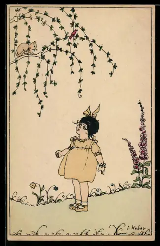 Künstler-AK E. Weber: Kind beobachtet eine Katze auf einem Ast