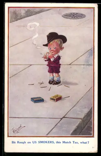 Künstler-AK T. Gilson: Kleiner Junge mit Hut beim Rauchen