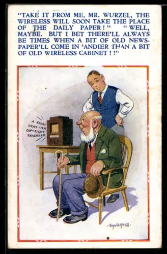 Künstler-AK Donald McGill: Alter und junger Mann hören Radio