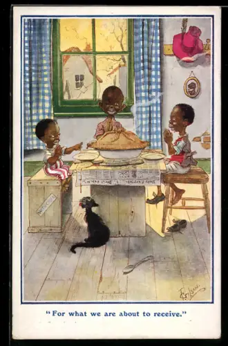 Künstler-AK T. Gilson: Drei Kinder und eine schwarze Katze sitzen am Esstisch