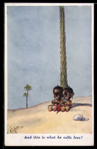 Künstler-AK T. Gilson: Zwei Kinder sitzen an einer Palme